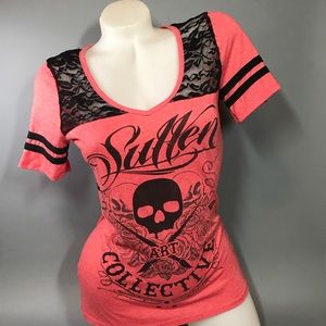 Black lace panel and coral top